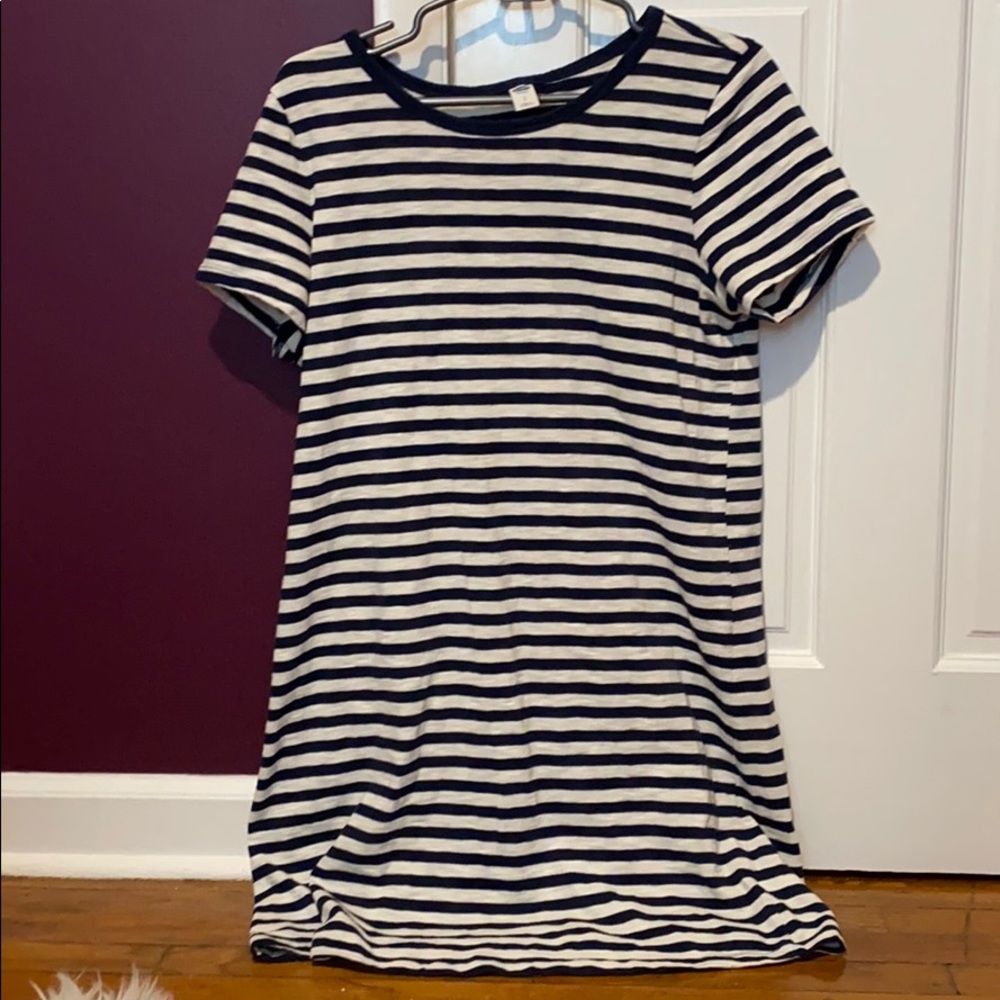 Blue and white striped shirt dress